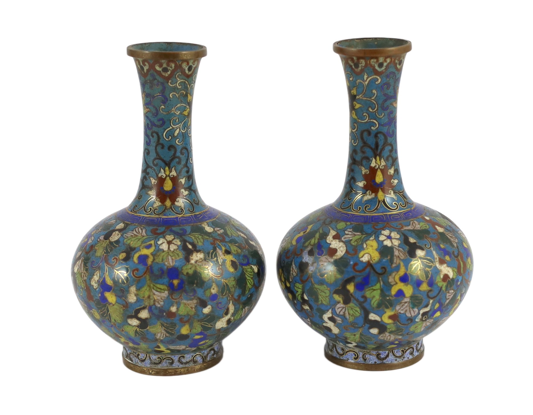 A pair of Chinese cloisonné enamel ‘gourd vine’ vases, early 19th century, 18cm high